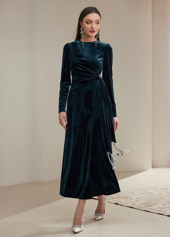 Темно-зелена вечірня сукня кльош, на запах SHEIN однотонна