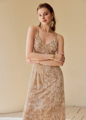 Бежевое праздничный, пляжное, кэжуал платье платье-комбинация, а-силуэт, с открытой спиной SHEIN с абстрактным узором