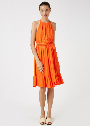 Оранжевое коктейльное платье клеш KOTON в горошек