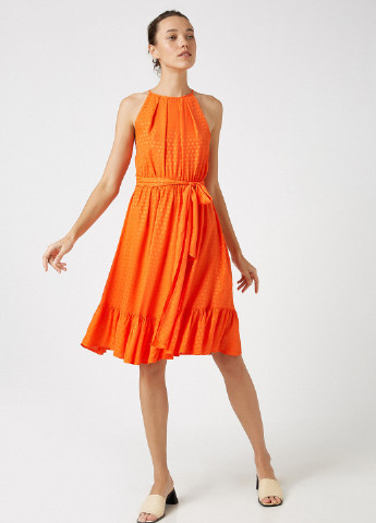 Оранжевое коктейльное платье клеш KOTON в горошек