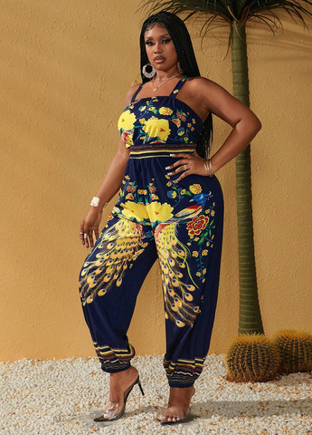 Комбинезон SHEIN комбинезон-брюки рисунок тёмно-синий кэжуал, пляжный полиэстер