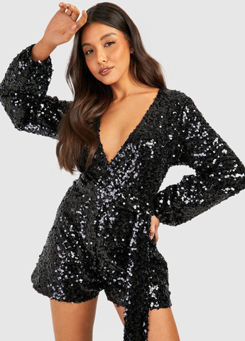 Комбинезон Boohoo комбинезон-шорты однотонный чёрный праздничный полиэстер