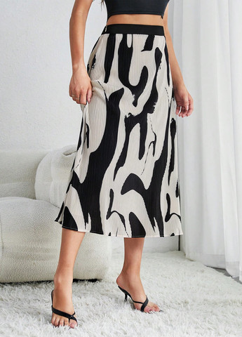 Черно-белая кэжуал с абстрактным узором юбка SHEIN клешированная, плиссе