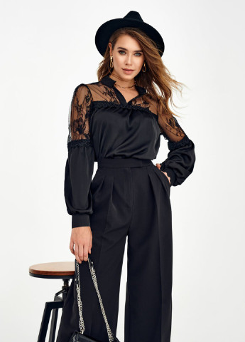 Чорна демісезонна витончена чорна блуза з шовку Gepur