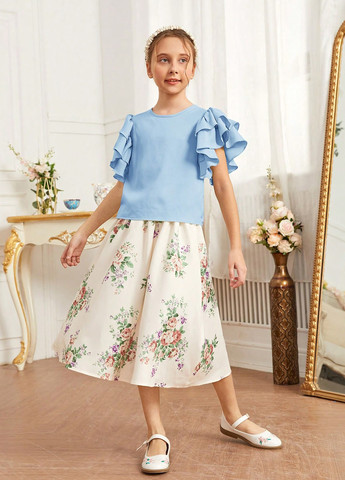 Голубой летний комплект (блуза, юбка) SHEIN