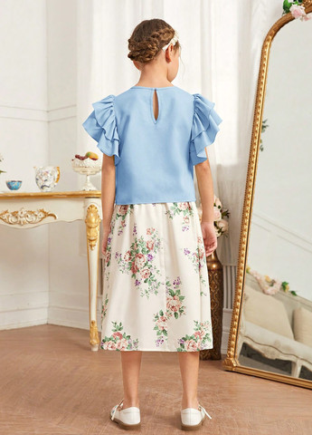 Голубой летний комплект (блуза, юбка) SHEIN