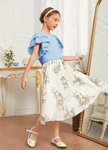 Голубой летний комплект (блуза, юбка) SHEIN