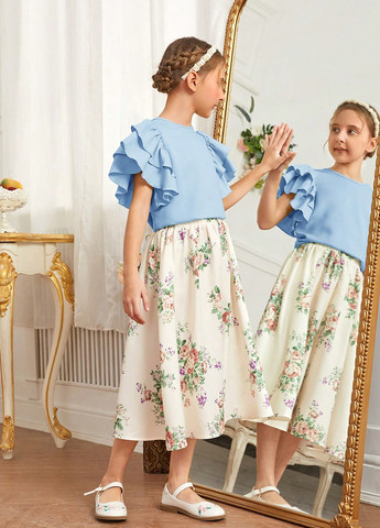 Голубой летний комплект (блуза, юбка) SHEIN