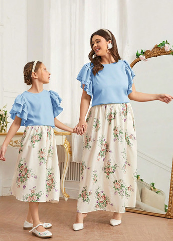 Голубой летний комплект (блуза, юбка) SHEIN