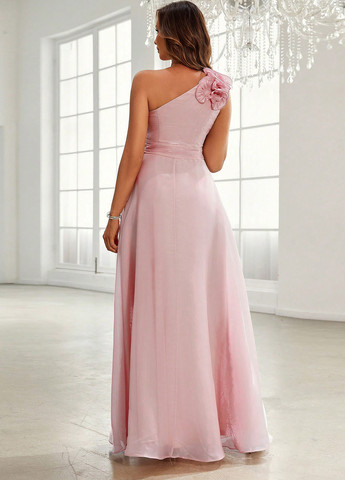 Светло-розовое праздничный, вечернее платье с пышной юбкой, а-силуэт, на одно плечо SHEIN однотонное