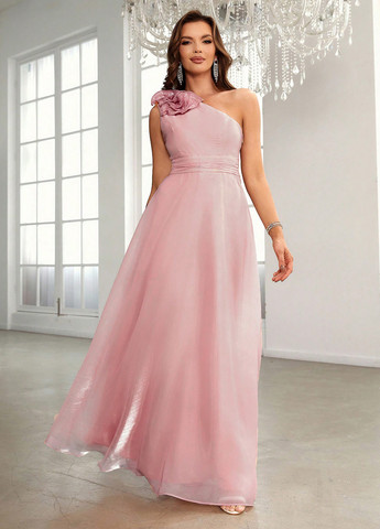 Светло-розовое праздничный, вечернее платье с пышной юбкой, а-силуэт, на одно плечо SHEIN однотонное