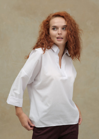 Біла демісезонна біла блузка з бавовни суцільнокроєним рукавом 3/4 на манжеті INNOE Блузка