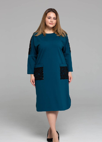 Синя кежуал сукня з накладними кишенями лем кольору морської хвилі Tatiana однотонна