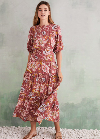 Бордовое кэжуал платье с открытой спиной Women'secret с цветочным принтом