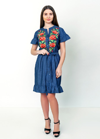 Платье Vyshyvanka цветочная синяя кэжуал хлопок, полиэстер