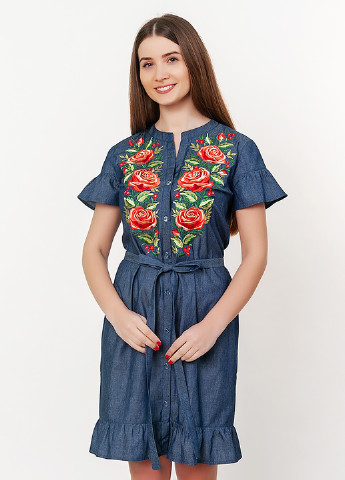 Платье Vyshyvanka цветочная синяя кэжуал хлопок, полиэстер