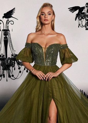 Оливкова (хакі) вечірня сукня з відкритими плечима SHEIN однотонна