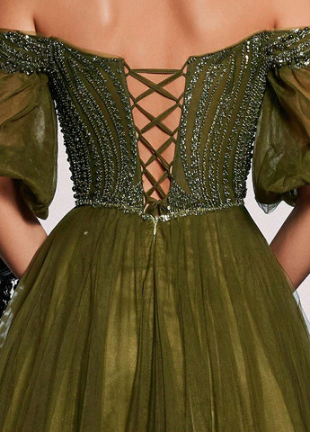 Оливкова (хакі) вечірня сукня з відкритими плечима SHEIN однотонна