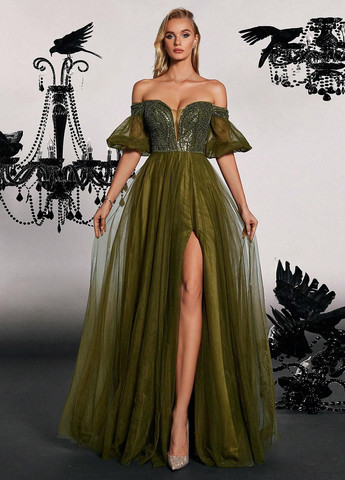 Оливкова (хакі) вечірня сукня з відкритими плечима SHEIN однотонна