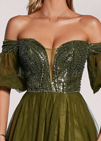 Оливкова (хакі) вечірня сукня з відкритими плечима SHEIN однотонна