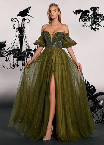 Оливкова (хакі) вечірня сукня з відкритими плечима SHEIN однотонна