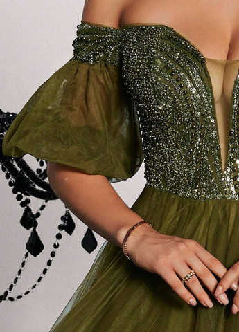 Оливкова (хакі) вечірня сукня з відкритими плечима SHEIN однотонна