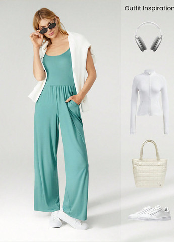 Комбинезон SHEIN комбинезон-брюки однотонный бирюзовый спортивный модал