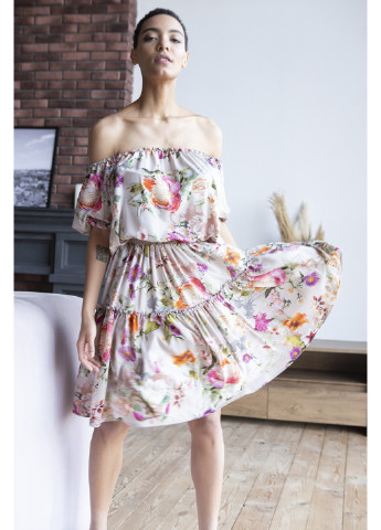 Комбинированное повседневный летнее платье прованс клеш, с открытой спиной, с открытыми плечами, на одно плечо BYURSE с цветочным принтом