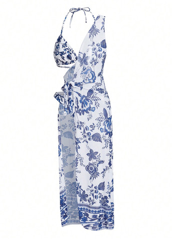 Синій літній купальник (ліф, трусики, накидка) бікіні, роздільний SHEIN