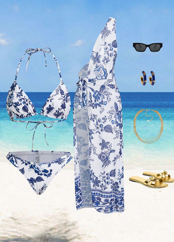 Синій літній купальник (ліф, трусики, накидка) бікіні, роздільний SHEIN