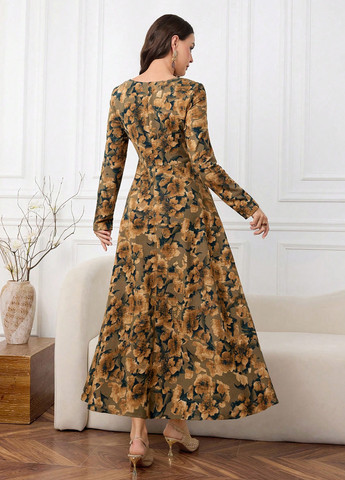 Оливковое (хаки) кэжуал платье с юбкой-солнце SHEIN с цветочным принтом