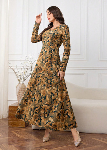 Оливковое (хаки) кэжуал платье с юбкой-солнце SHEIN с цветочным принтом