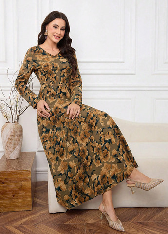 Оливковое (хаки) кэжуал платье с юбкой-солнце SHEIN с цветочным принтом