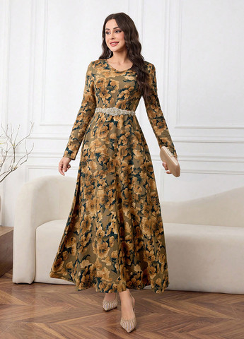 Оливковое (хаки) кэжуал платье с юбкой-солнце SHEIN с цветочным принтом