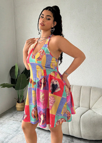 Комбінована кежуал сукня з відкритою спиною, з спідницею-сонце SHEIN з малюнком