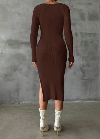 Темно-коричневое вечернее, праздничный, кэжуал платье футляр, платье-свитер SHEIN однотонное