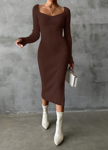 Темно-коричневое вечернее, праздничный, кэжуал платье футляр, платье-свитер SHEIN однотонное