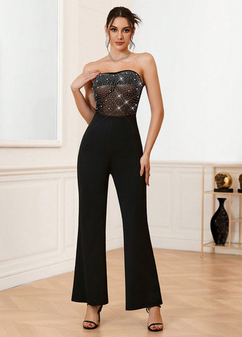 Комбинезон SHEIN комбинезон-брюки однотонный чёрный коктейльный полиэстер