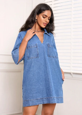 Светло-синее джинсовое платье а-силуэт SHEIN однотонное