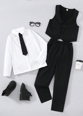 Черно-белый демисезонный костюм (рубашка, брюки, жилет) тройка SHEIN