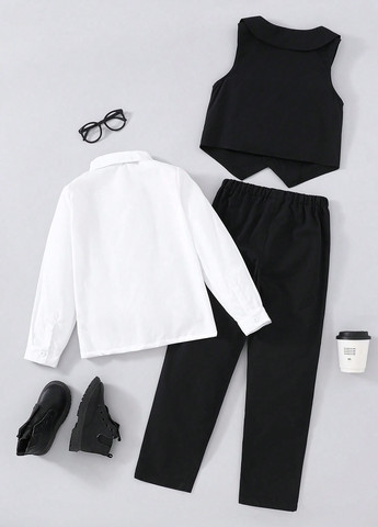 Черно-белый демисезонный костюм (рубашка, брюки, жилет) тройка SHEIN