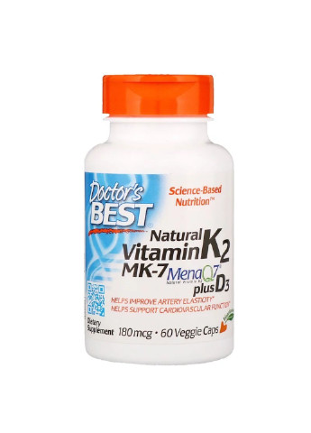 Вітамін К2 з Д3, Vitamin K2 plus Vitamin D3,, 180 мкг, 60 капсул Doctor's Best (255408362)
