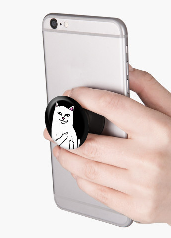 Попсокет (Popsockets) тримач для смартфону мем Білий Кіт з пальцем (meme Cat Middle finger) (8754-2851) Чорний MobiPrint (221548605)