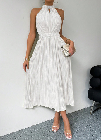 Білий кежуал сукня кльош, плісована SHEIN однотонна