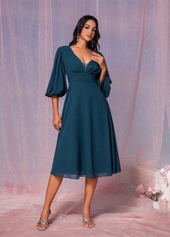 Морской волны вечернее, праздничный платье клеш, в стиле ампир, с открытой спиной SHEIN однотонное