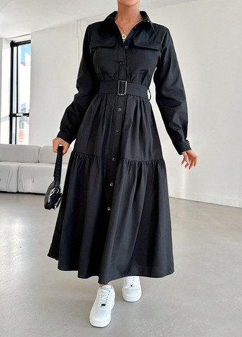 Черное кэжуал платье рубашка SHEIN однотонное