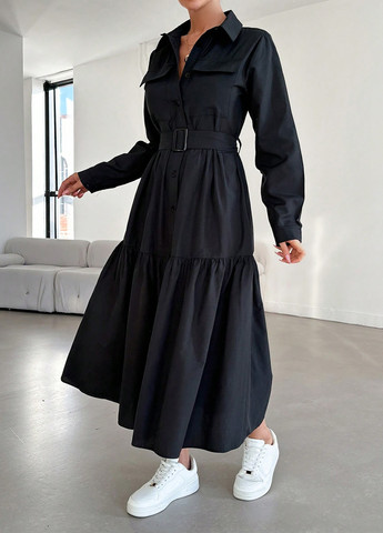 Черное кэжуал платье рубашка SHEIN однотонное