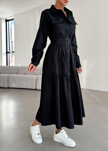 Черное кэжуал платье рубашка SHEIN однотонное