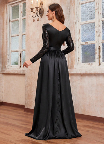 Чорна вечірня, святковий сукня зі шлейфом SHEIN однотонна