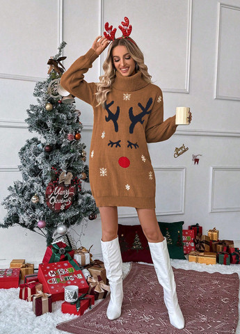 Коричнева кежуал сукня сукня светр SHEIN з новорічним принтом